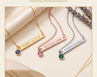 Personalized Horizontal Bar Necklace, Engraved Coordinates Pendant, Gold Plated Stainless Steel