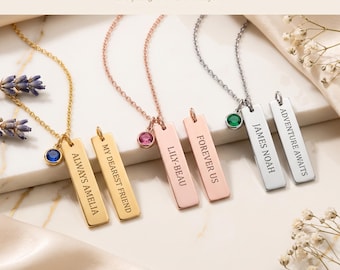 Personalized Bar Necklace, Custom Name Engraved Pendant, Birthstone Charm, 18k Gold Plated