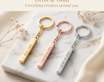 Personalized 3D Bar Keychain, Engraved Stainless Steel, Gold Rose Gold Finishes