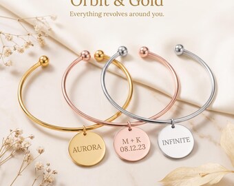 Personalized Engraved Bangle Bracelet, 18k Gold Plated Stainless Steel Coin