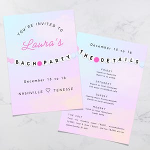 May include: Two pastel bachelorette party invitations. The main invitation reads "You're Invited to Laura's BACH PARTY" with the date and location. The second card lists the details, including the itinerary and cost.