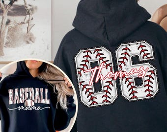 Personalized Baseball Mom Hoodie, Custom Name and Number Baseball Sweatshirt, Baseball Gift for Mom Dad, Your Name Number Baseball Sweater