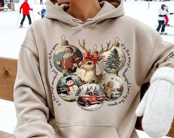 Christmas Ornaments Hoodie, Family Christmas Sweatshirt, Santa And Reindeer Sweater, Holiday Village Snowman Sweatshirt, Coquette Bow Hoodie