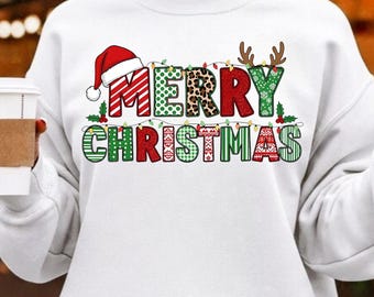 Merry Christmas Leopard Sweatshirt, Retro Santa Reindeer Holiday Hoodie, Retro Christmas Lights Sweater, Merry And Bright Xmas Crew Hoodie