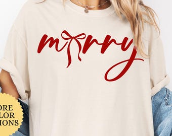 Comfort Colors® Coquette Merry Christmas Shirt, Red Christmas Bow Tee, Festive Coquette Shirt, Merry And Bright Bow Tee, Christmas Bow Shirt