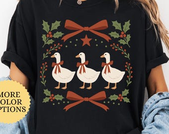 Comfort Colors® Retro Christmas Goose Shirt, Retro Goose Bow Tee, Holiday Goose Shirt, Coquette Xmas Ribbon Goose Tee, Winter Goose Tshirt