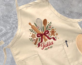 Personalized Christmas Cookie Apron, Custom Name Chef Apron, Holiday Baker Gift, Festive Baking Party Apron, Family Kitchen Cooking Apron