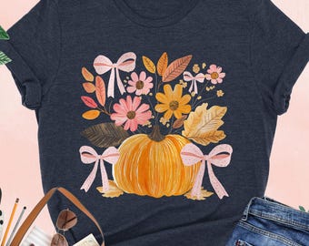 Floral Pumpkin Shirt, Autumn Flowers Tee, Boho Pumpkin and Bow Shirt, Fall Pumpkin T-Shirt, Fall Vibes Shirt, Thanksgiving Tee, Autumn Gift