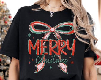 Merry Christmas Coquette Shirt, Preppy Christmas Tee, Pink Bow Holiday Shirt, Gift for Christmas, Holiday Party Shirt, Christmas Girly Tee