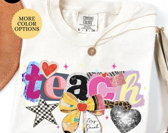 Comfort Colors® Custom Teach Collage Shirt, Coquette Pencil Bow Tee, Back To School Tee, Elementary Teacher Shirt, First Day Of School Shirt