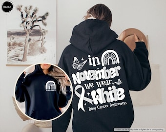 Sudadera con capucha personalizada "En noviembre usamos blanco", sudadera de concienciación sobre el cáncer de pulmón, sudadera personalizada de apoyo al equipo, sudadera con lazo perlado de noviembre "Esperanza".