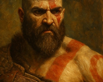 Pintura a óleo de Kratos inspirada em God of War - arquivo digital