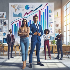 May include: A group of four people stand in front of a whiteboard with charts and graphs. The people are dressed in business attire. The person in the center is wearing a blue suit and a white shirt with a tie. The person to the left is wearing a brown suit and a white shirt with a tie. The person to the right is wearing a black suit and a white shirt with a tie. The person in the front is wearing a brown shirt and blue jeans.