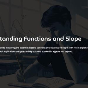 May include: Image of a person writing in a notebook with the title "Understanding Functions and Slope". The text below the title reads: "A comprehensive guide to mastering the essential algebra concepts of functions and slope..."