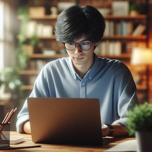 May include: A person wearing glasses sits at a desk in a home office setting, working on a laptop computer. The person is wearing a light blue button-down shirt and has dark hair. The laptop is open and the person is typing on the keyboard.
