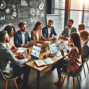 Puede incluir: Un grupo diverso de profesionales de negocios se reúne alrededor de una mesa de madera, trabajando en computadoras portátiles. Gráficos y diagramas se muestran en una pizarra y en la pared detrás de ellos. Visten ropa de negocios, sugiriendo una reunión.