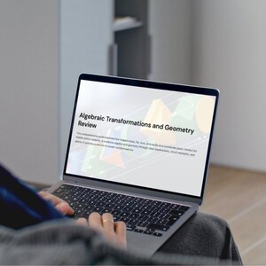 Könnte beinhalten: Ein Laptop mit dem Text "Algebraic Transformations and Geometry Review" auf dem Bildschirm. Der Bildschirm zeigt Text und geometrische Formen. Die Hände der Person befinden sich auf der Tastatur. Der Laptop ist geöffnet, und die Tastatur ist sichtbar.