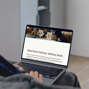 May include: A person using a laptop with the text "Word Parts: Prefixes, Suffixes, Roots" on the screen. The screen also shows a person holding puzzle pieces with the letters "U" and "E".