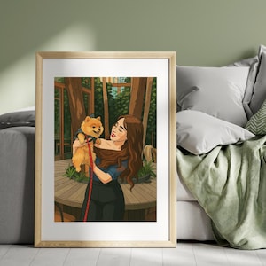 Custom Pet and Owner Cartoon Portrait , Personalized Digital Art with Pet, Cute Gift for Pet Lovers, Printable Wall Art, Pet Lover's Gift