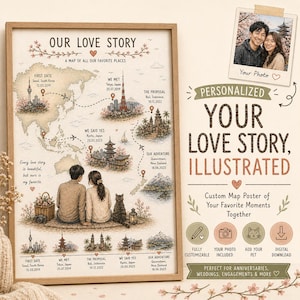 May include: A framed custom map poster titled "OUR LOVE STORY" with illustrations of favorite places and dates. Includes a photo, and text that reads "PERSONALIZED YOUR LOVE STORY, ILLUSTRATED". The poster is perfect for anniversaries, weddings, and engagements.