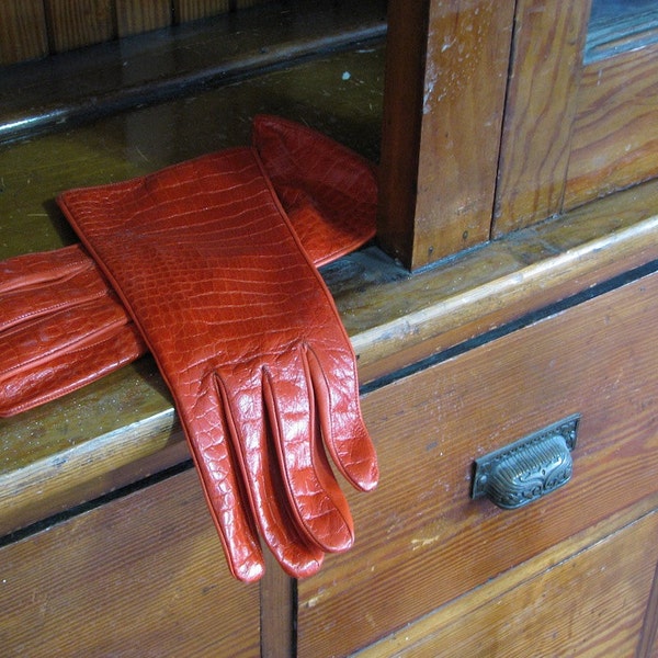 Vintage Red Leather Gloves with Alligator Print