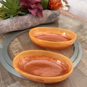 May include: Two oval-shaped, orange-toned ceramic bowls with a glossy finish. The bowls are empty and sit on a wooden surface. The bowls are on a glass table with a decorative metal ring. A wooden planter with plants is in the background.