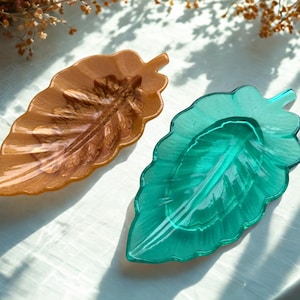 Handmade Leaf Resin Tray: Amber & Teal Turquoise Trinket Dish, Home Decor and Gift