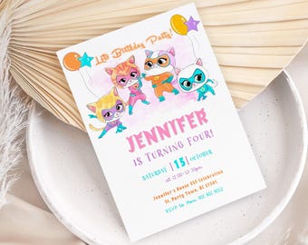 SuperKitties invitation, Printable Editable Super Kitty Invite, SuperKitty Birthday Party invite template, Kitten Invitation Cute Invite