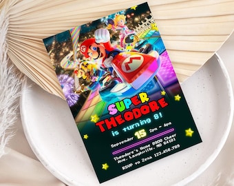Birthday Invite boy girl, super mario bros movie invitation, printed invitations, video game Birthday Invite template, mario kart
