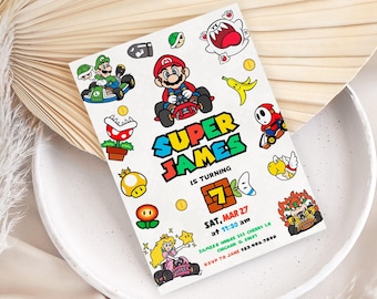 Birthday Invite boy girl, super mario bros movie invitation, printed invitations, video game Birthday Invite template, mario kart