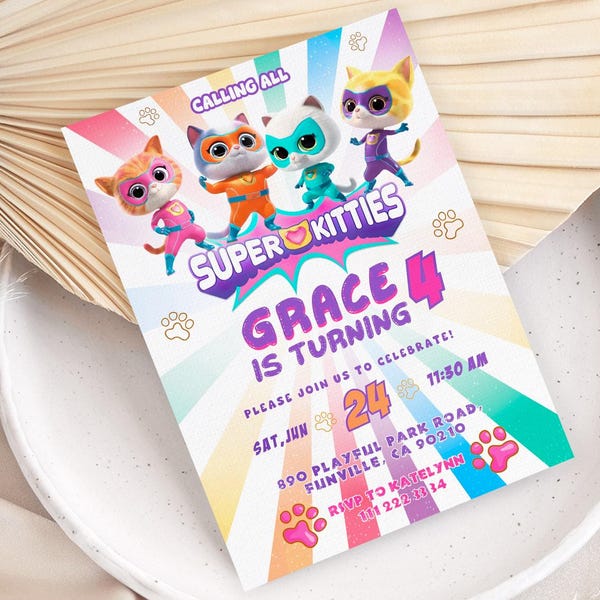 SuperKitties invitation, Printable Editable Super Kitty Invite, SuperKitty Birthday Party invite template, Kitten Invitation Cute Invite