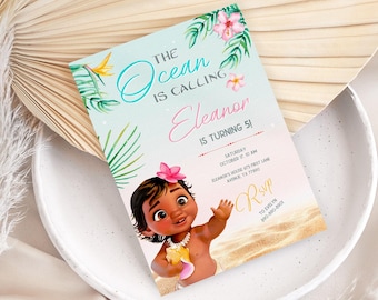 May include: A blue and green tropical themed birthday invitation with a cartoon illustration of a young girl with brown skin and dark hair wearing a pink flower in her hair. The text on the invitation reads "The Ocean is Calling Eleanor is turning 5!" with details for the party including the date, time, and location. RSVP information is also included.