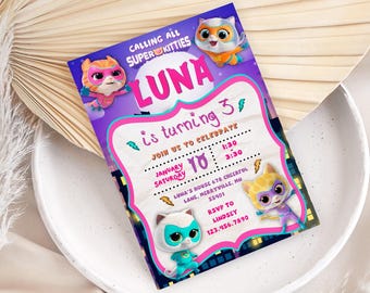 SuperKitties invitation, Printable Editable Super Kitty Invite, SuperKitty Birthday Party invite template, Kitten Invitation Cute Invite
