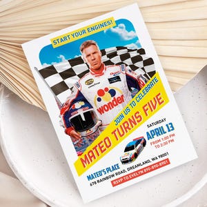 May include: A colorful birthday party invitation for a boy turning five. The invitation features a photo of a race car driver wearing a blue and white racing suit and helmet. The text on the invitation reads "Start your engines! Mateo turns five. Saturday, April 13, from 1:00 PM to 2:30 PM. Mateo's Place, 678 Rainbow Road, Dreamland, WA 98001. RSVP to Evelyn 890-890-8901."