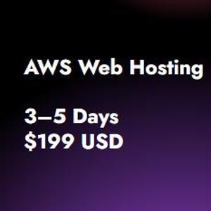 May include: AWS Web Hosting service with a purple gradient background. The text states "3-5 Days" and "$199 USD".