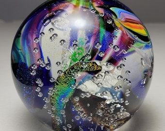 Multicolored Handblown Glass Paperweight with Dichroic Glass and Silver foil -- Toseland Glass