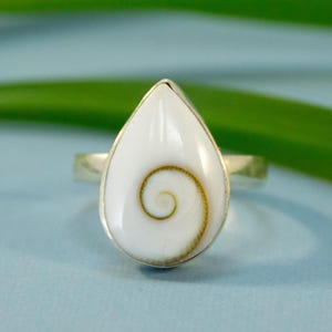 Teardrop Eye of Shiva Shell Ring - Sterling Silver and Operculum Teardrop ring, Goddess Swirl, Sacred Spiral, Pacific Cat's Eye jewelry