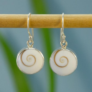 Petite Round Eye of Shiva shell Earrings - Sterling Silver Operculum Circle dangle earrings, goddess swirls, sacred spirals, Pacific Cat Eye