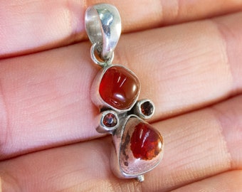Double Carnelian Pendant with Garnets ~ Sterling Silver pendant with polished rough carnelian, carnelian cabochon, two round garnets