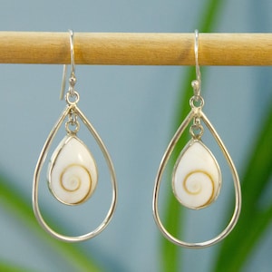 Haloed Eye of Shiva shell Earrings - Sterling silver Operculum dangle earrings with teardrop hoops, goddess swirls, sacred spirals
