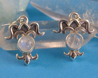 Fleur-de-lis Rainbow Moonstone Earrings ~ Round cabochon moonstones in French design sterling silver settings, amazing blue flash stones