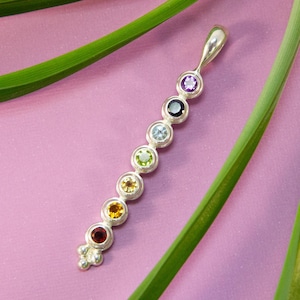 May include: A silver pendant featuring a series of colorful gemstones in a vertical line. The gemstones include red, orange, yellow, green, blue, black, and purple. The pendant is set against a pink background with green leaves.