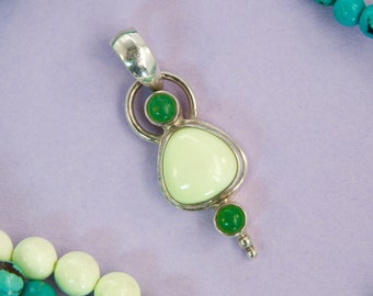 Lemon Chrysoprase and Green Chrysoprase Pendant ~ Petite Pendant in Sterling silver, triple chrysoprase cabochons, halo accent bail