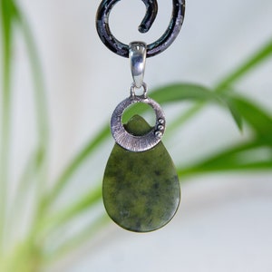 Petite Jade Teardrop Pendant ~ Thin cut jade cabochon with tribal wheel setting in sterling silver, textured brushed metal, geometric boho