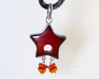 Carnelian Star Pendant ~ 925 sterling silver pendant with red carnelian star and dangling carnelian tails. Shooting star jewelry