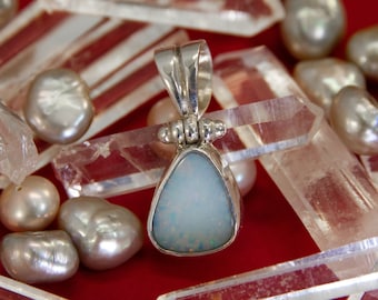 Petite Australian Opal Pendant ~ pretty milky opal set in sterling silver, hinged bail, light blue white opal, gift box included