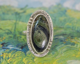 Star Galaxy Jasper Ring ~ US size 7, Oval Kambaba Jasper cabochon in sterling silver, textured bezel, granulated drops, One of a Kind ring