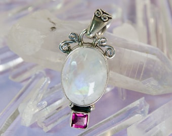 Rainbow Moonstone & Rhodolite Garnet Pendant ~ White Labradorite in 925 sterling silver, pink garnet, blue flash stone, boho jewelry