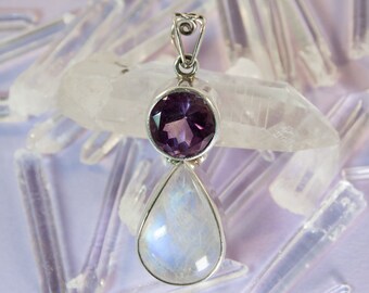 Rainbow Moonstone & Amethyst Pendant ~ White labradorite and large round Amethyst set in 925 Sterling silver, one of a kind, boho jewelry