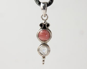 Rhodochrosite and Rainbow Moonstone Pendant ~ pink rhodochrosite and white labradorite set in 925 sterling silver, unique boho jewelry